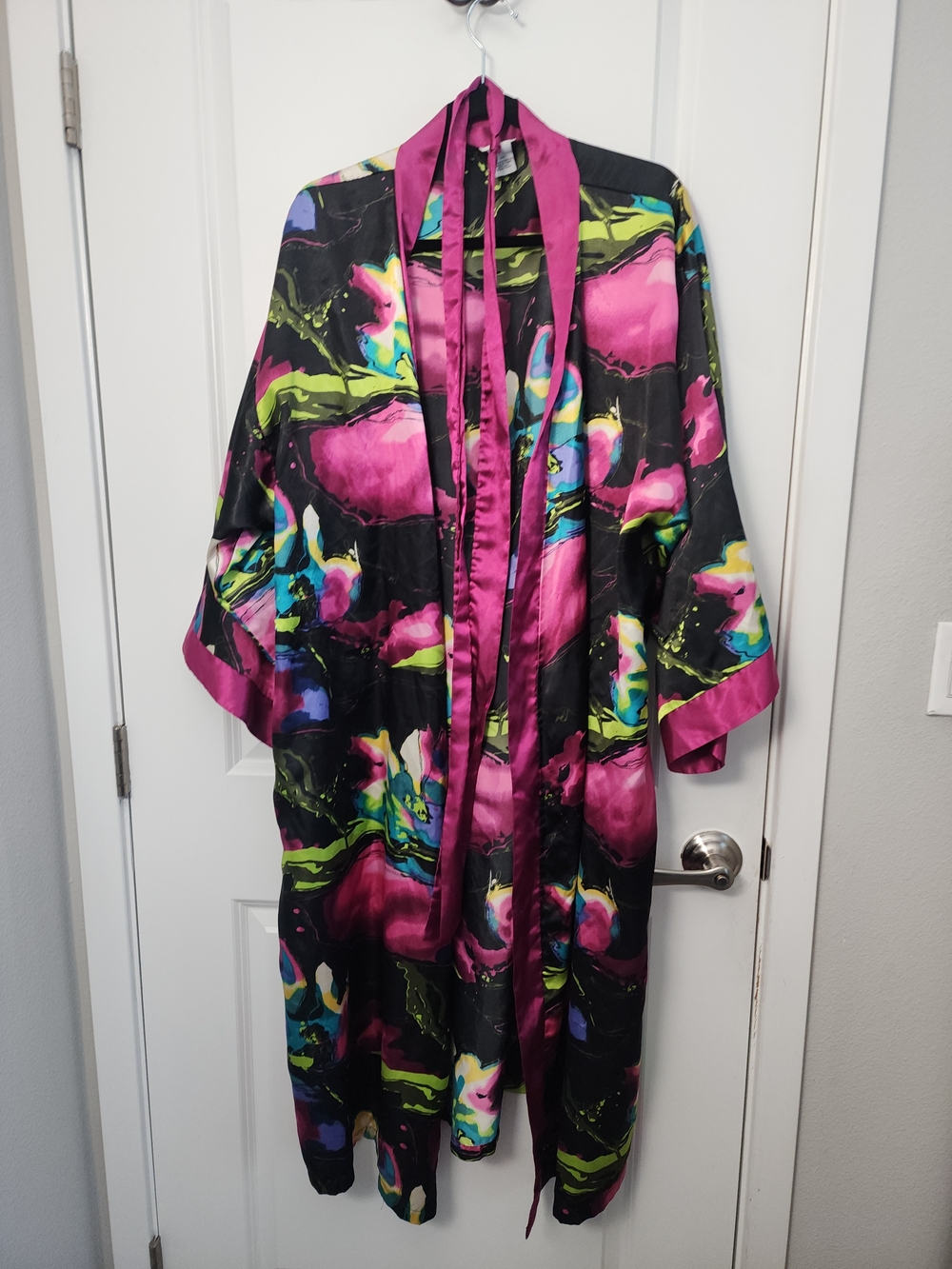 Multicolor Satin Kimono Robe with Magenta Trim